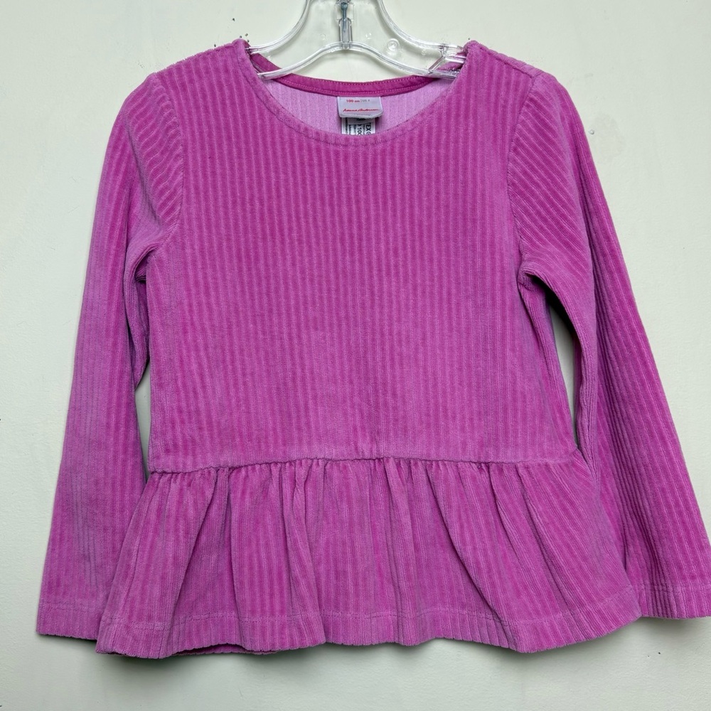 Hanna Andersson Girls' pink Velour Ribbed Ruffle Peplum Shirt Size 100 4